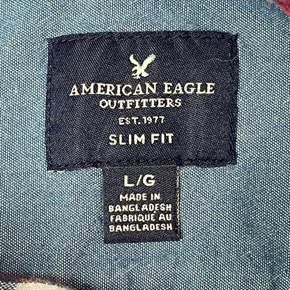 American Eagle Men’s Size L Slim Fit Short Sleeve Button Down Red White Blue - Picture 3 of 7